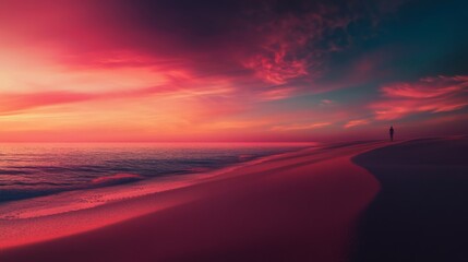 A serene beach scene at sunset, reflecting off the calm waves of the ocean. A lone figure stands silhouetted in the foreground, creating a peaceful and introspective mood.