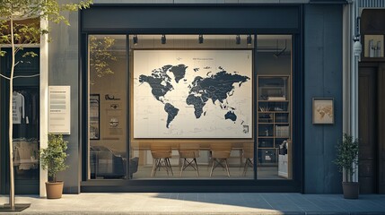 A travel agency storefront with clean branding and a large world map in the window. digital