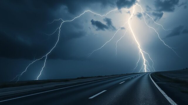 Euro banknotes scattered on a road under a dramatic thunderstorm and lightning background, symbolizing the global economic crisis in Europe, background, economic crisis, global