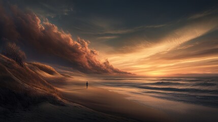 A serene beach scene at sunset, reflecting off the calm waves of the ocean. A lone figure stands silhouetted in the foreground, creating a peaceful and introspective mood.
