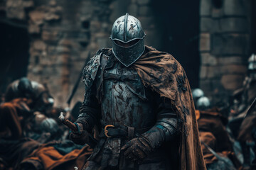 Obraz premium Armored knight resting in midst of a chaotic medieval battlefield scene surrounded by other warriors, showcasing intense atmosphere and intricate armor details