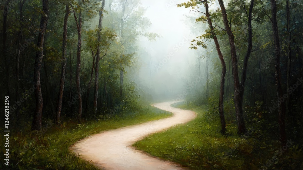 Poster tranquil wooded path leading into a misty unknown with soft curves and lush greenery perfect for nat