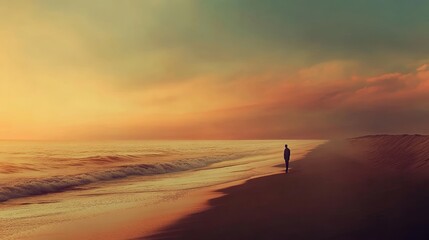 Obraz premium A serene beach scene at sunset, reflecting off the calm waves of the ocean. A lone figure stands silhouetted in the foreground, creating a peaceful and introspective mood.