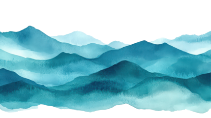 Watercolor layered mountains painting; blue landscape scenery, nature background. Watercolor abstract hills, peak silhouettes, wash. Hand painted style