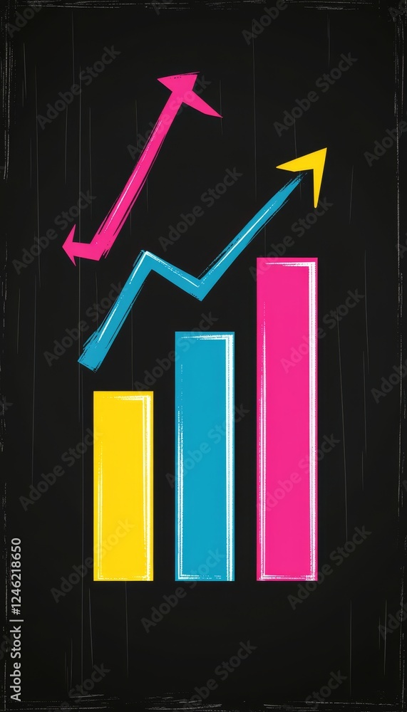 Poster dynamic gradient bar chart with ascending line graphs on dark background, financial display