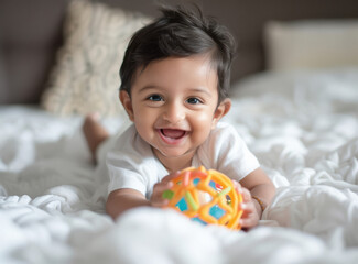 smiling indian baby in white playing with toy on bed in one hand at home