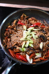 food view colorful food being prepared in a pan, home cooking, peppers, chicken, onions,
