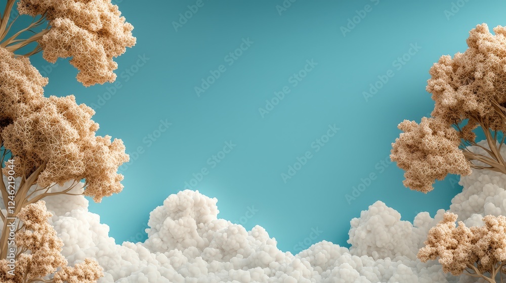 Poster bold geometric representation of trees with soft clouds and clean blue background for modern design 