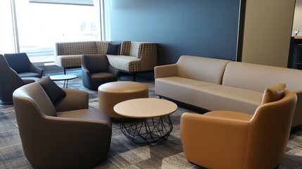 A modern bank lounge area with comfortable seating and minimalist decor. digital