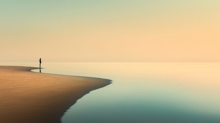A serene beach scene at sunset, reflecting off the calm waves of the ocean. A lone figure stands silhouetted in the foreground, creating a peaceful and introspective mood.