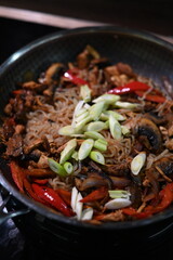 food view colorful food being prepared in a pan, home cooking, peppers, chicken, onions,