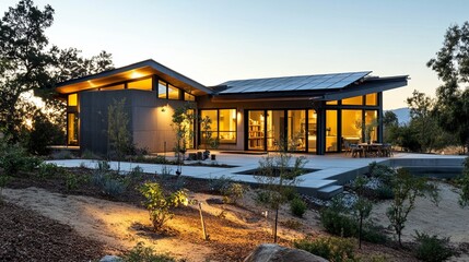 Obraz premium A minimalist home equipped with solar-powered outdoor lighting and eco-friendly decor. digital