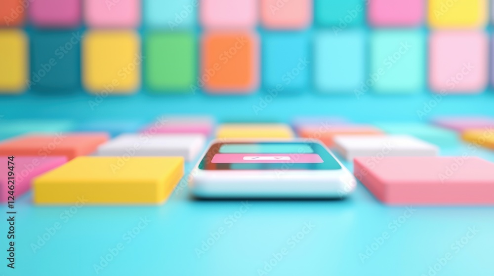 Poster a mobile phone displaying a sleek and user friendly app interface, with vibrant colors, intuitive ic