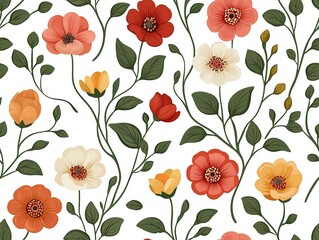 Vintage Floral Pattern with Isolated Flowers on White Background - Seamless Design for Textile, Wallpaper, and Creative Projects