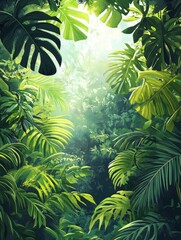 Tropical background with a canopy of lush green leaves and dappled sunlight: refreshing and vibrant, ideal for a jungle escape. Dappled. Illustration