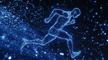 Blue glowing wireframe hologram of an athlete running on dark blue background concept for sport technology and futuristic digital design element