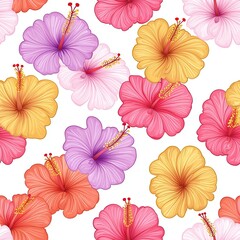 Beautiful Seamless Pattern of Tropical Hibiscus Flowers on a White Background for Backgrounds or Textile Design