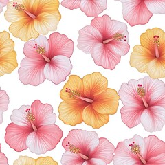 Isolated Seamless Pattern of Tropical Hibiscus Flowers in Shades of Pink and Yellow on a White Background for Use in Fabric, Wallpaper, or Decor