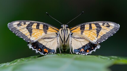 Obraz premium Butterfly wings spread, jungle leaf, green background, nature macro