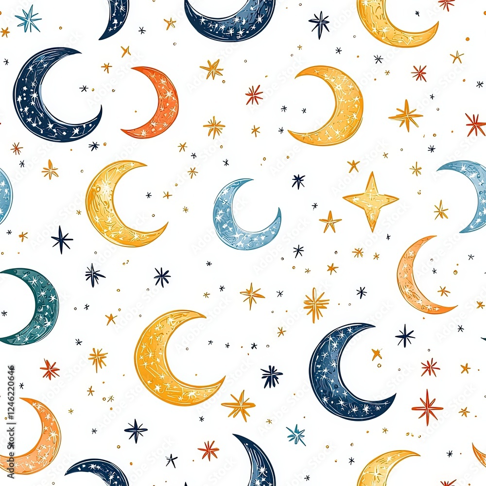 Poster isolated seamless pattern of mystical moons and stars on white background for creative and decorativ