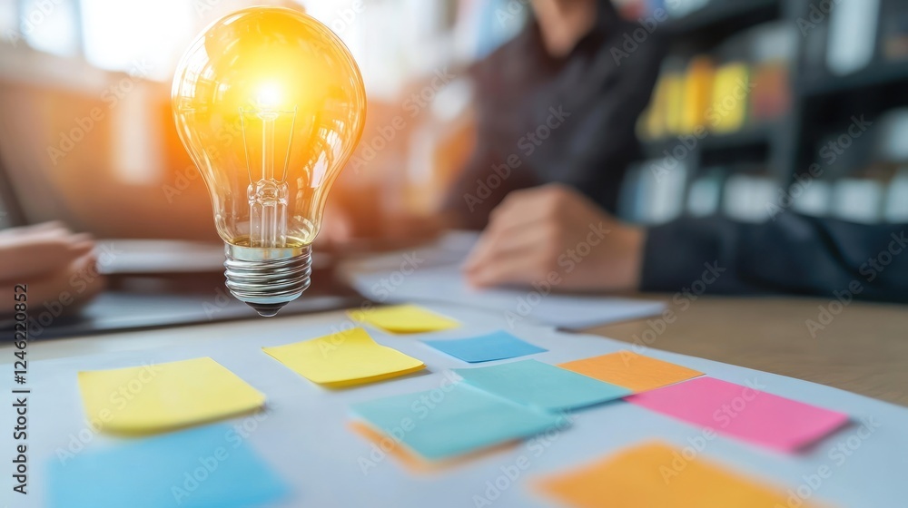 Poster creative brainstorming session with lightbulb idea concept