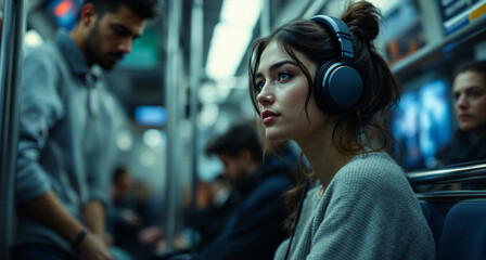 Obraz premium Young university girl traveling on a subway, enjoying music with headphones.