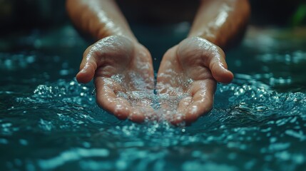 hands of a man touching the water selective focus