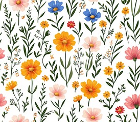 Isolated Seamless Pattern of Hand-Painted Flowers and Greenery on White Background Suitable for Various Design and Decoration Purposes