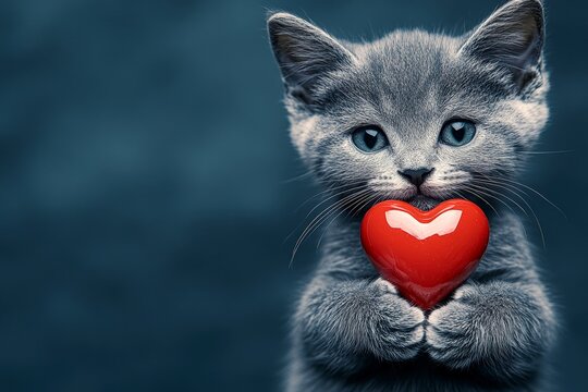 Cute pixiebob young cat with diamond red heart - sign of love, funny greeting card. Digital ads conceptual art. Pixiebob - my beloved cat. Love and friendship animal. February 14 cat image.