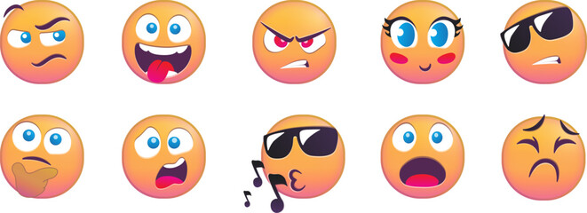 Set of diverse cartoon emoji expressions with various facial reactions.