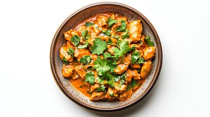 A beautifully plated butter chicken dish with creamy tomato sauce, garnished with fresh cilantro, served in a traditional Indian bowl on a white isolated background