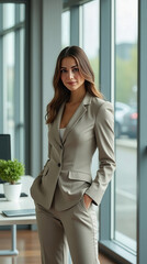 Fototapeta premium Confident businesswoman posing in a modern office setting during the day
