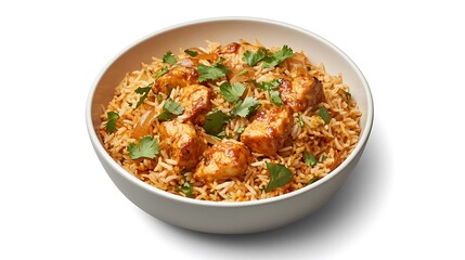 A bowl of fragrant biryani with saffron-infused basmati rice, tender pieces of chicken, caramelized onions, and fresh herbs on a white isolated background
