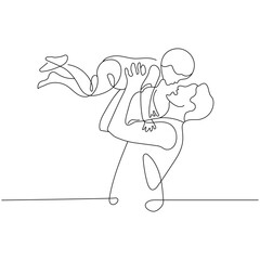 One line drawing of a father lifting and kissing his baby.