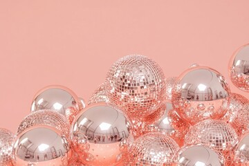 Glittering Cluster of Disco Balls Creating a Reflective Pattern on a Neutral Background