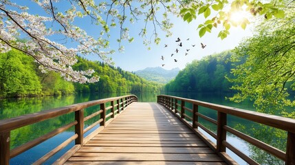 Fototapeta premium A charming wooden bridge over a crystal clear river in spring, surrounded by blooming trees and lush greenery, with birds flying overhead