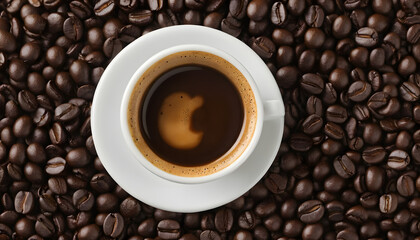 Fototapeta premium Cup of coffee surrounded by roasted coffee beans on dark background 