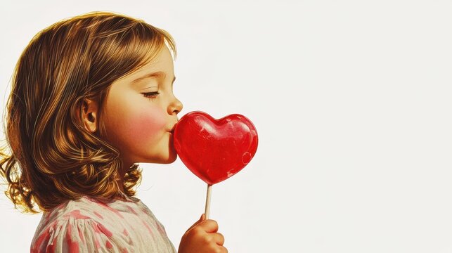 child licking valentines lollipop heart shape vintage illustration isolated on a transparent background, generative ai