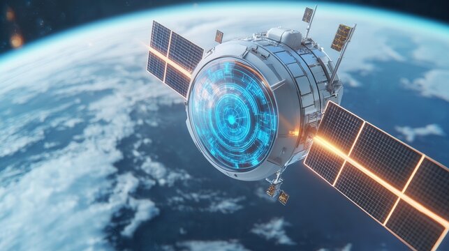 A futuristic satellite orbiting Earth, transmitting glowing streams of data to multiple global locations, with AI algorithms visualized as holographic