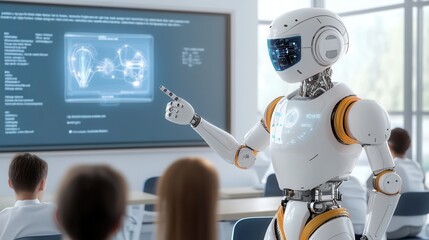Naklejka premium A humanoid robot standing at the front of a classroom, pointing at a holographic display while students watch attentively, surrounded by futuristic educational
