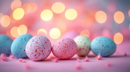 Pastel Easter eggs, bokeh lights, pink background, festive
