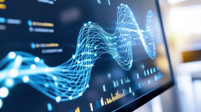 A massive digital screen showing fluctuating data patterns, with AI algorithms analyzing and processing the information in real time, visualized as