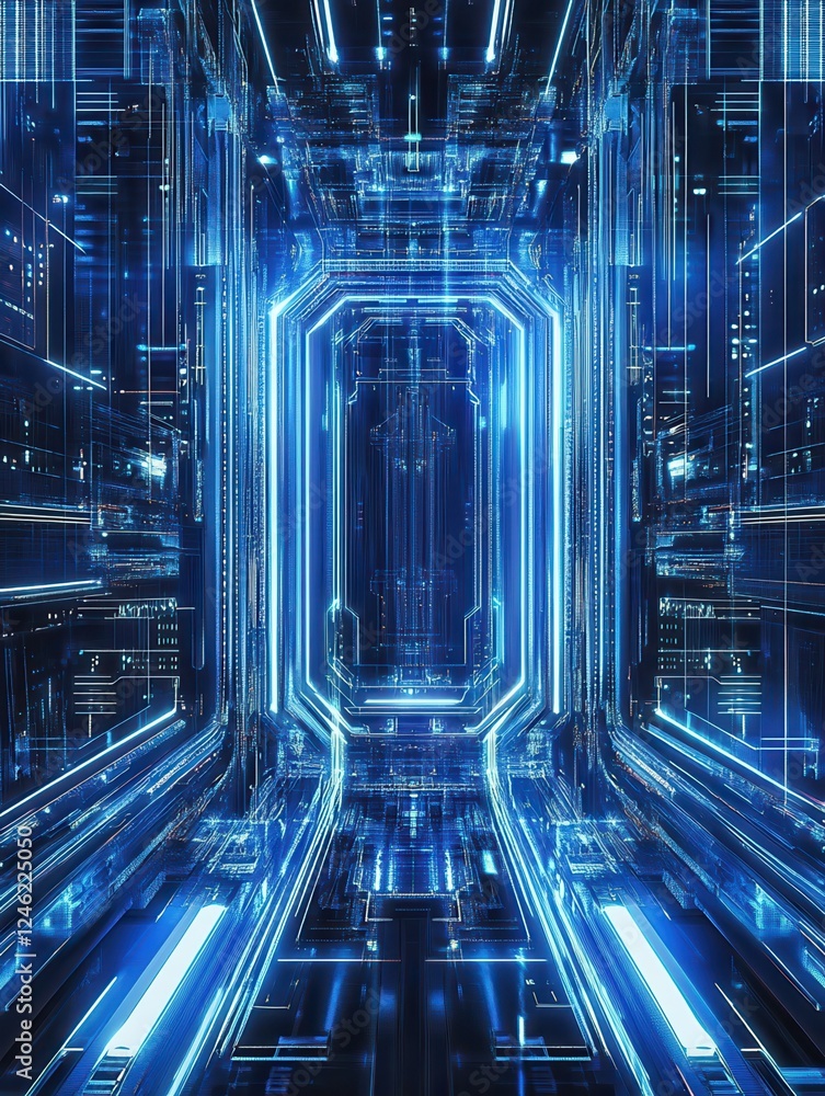 Poster futuristic blue digital background with glowing lines and patterns, ideal for sci-fi and tech themes