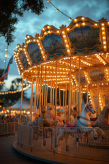 Illustration d'un carrousel lumineux de nuit dans une ambiance festive, f&ecirc;te foraine, carnaval, man&egrave;ge, chevaux, bois, color&eacute;