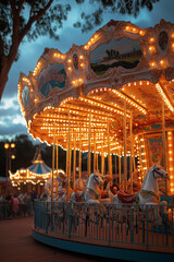 Illustration d'un carrousel lumineux de nuit dans une ambiance festive, f&ecirc;te foraine, carnaval, man&egrave;ge, chevaux, bois, color&eacute;