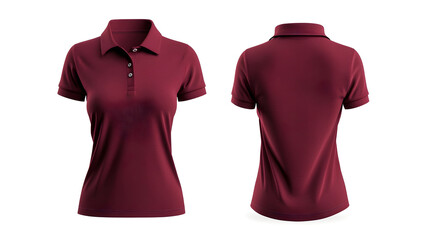 Maroon color women Polo t-shirt blank template front and back view isolated on gray background