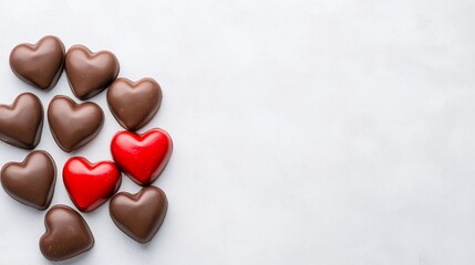 Fototapeta premium Milk Chocolate and Red Heart Candies on White Background