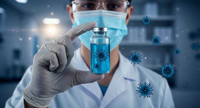 Scientist Holds Vaccine Vial with Virus Graphic Overlay
