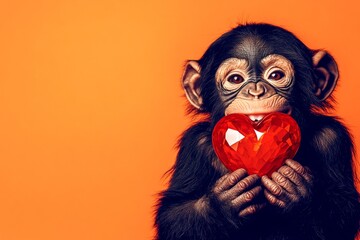 Chimpanzee - my treasured animal. Cute chimpanzee baby with diamond red heart - sign of love, funny greeting card. Promotion visual picture. Promotion concept art. Valentine's love zoo.