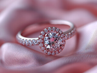 close-up of a luxurious engagement ring with a large, round-cut diamond surrounded by smaller diamonds, set on a pink satin surface. The ring appears to be crafted with high-quality materials, exuding